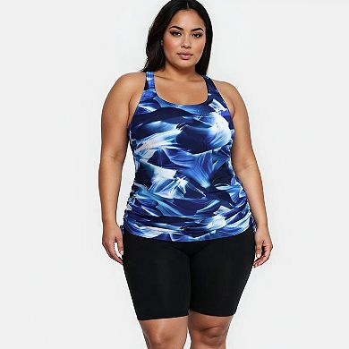 Women's Plus Maya Tankini Swim Top With Built-In Bra and Black Mid-Thigh Swim Shorts