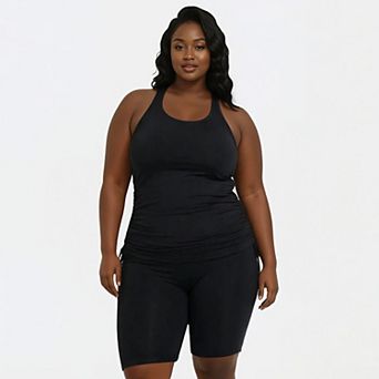 Women's Plus Maya Tankini Swim Top With Built-In Bra and Black Mid-Thigh Swim Shorts