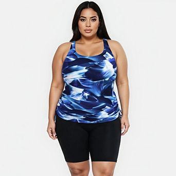 Women's Plus Maya Tankini Swim Top With Built-In Bra and Black Mid-Thigh Swim Shorts