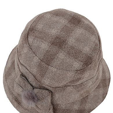 Womens Warm Plaid Roll Brim Bucket Hat with Decorative Side Bow