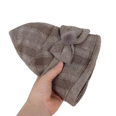Womens Warm Plaid Roll Brim Bucket Hat with Decorative Side Bow