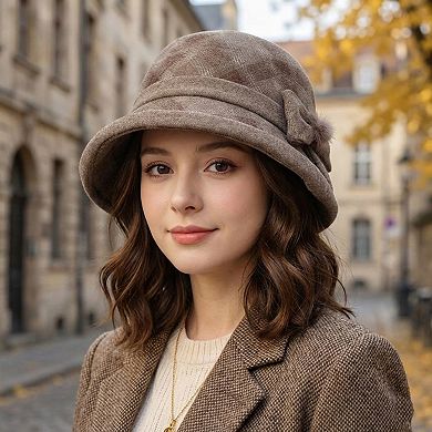 Womens Warm Plaid Roll Brim Bucket Hat with Decorative Side Bow
