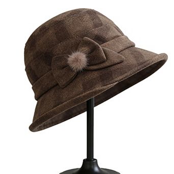 Womens Warm Plaid Roll Brim Bucket Hat with Decorative Side Bow