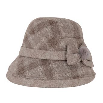 Womens Warm Plaid Roll Brim Bucket Hat with Decorative Side Bow