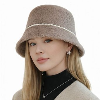Faux Fur Bucket Hat with Pearl Trim Detail and Structured Cozy Winter Headwear 22-22.8in