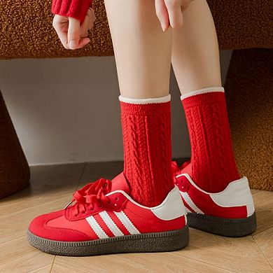 3-Pair Women's Soft Knit Crew Socks with Polka Dot Cable Knit and Stripe Patterns Comfort Set