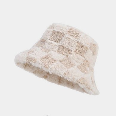 Faux Shearling Checkered Bucket Hat with Soft Textured Finish 22-22.8in