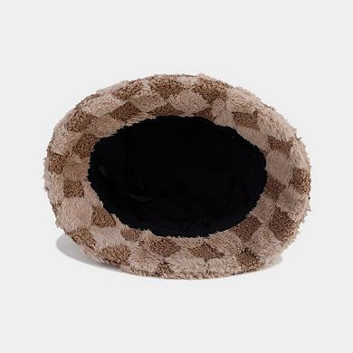 Faux Shearling Checkered Bucket Hat with Soft Textured Finish 22-22.8in