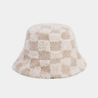 Faux Shearling Checkered Bucket Hat with Soft Textured Finish 22-22.8in