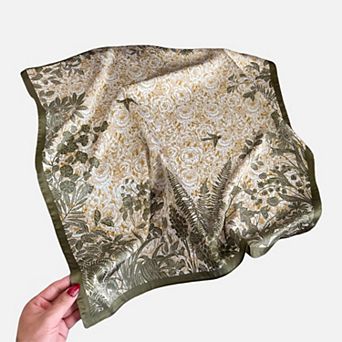 Floral Botanical Print Lightweight Satin Scarf with Rolled Edge Finish 26.7x26.7in