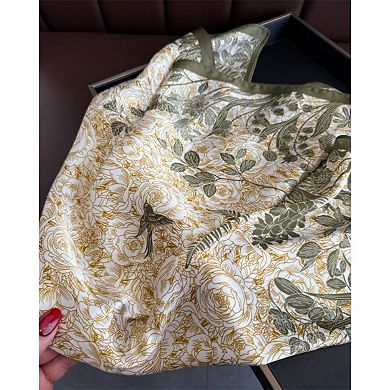 Floral Botanical Print Lightweight Satin Scarf with Rolled Edge Finish 26.7x26.7in