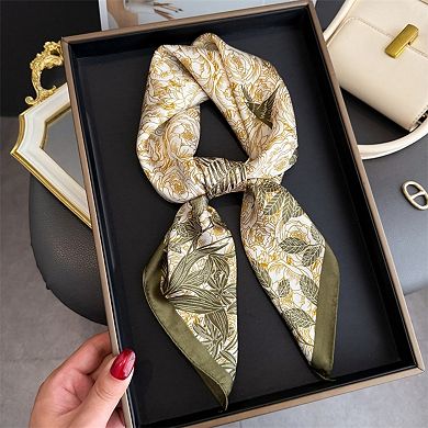 Floral Botanical Print Lightweight Satin Scarf with Rolled Edge Finish 26.7x26.7in