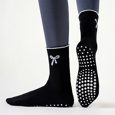 3-Piece Set Ribbed Crew Socks with Bow Embroidery Scalloped Cuff and Non Slip Grip Sole