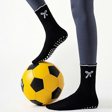 3-Piece Set Ribbed Crew Socks with Bow Embroidery Scalloped Cuff and Non Slip Grip Sole