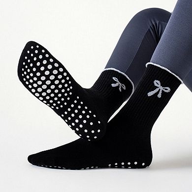 3-Piece Set Ribbed Crew Socks with Bow Embroidery Scalloped Cuff and Non Slip Grip Sole