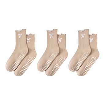 3 pc Set Ribbed Crew Socks with Bow Embroidery Scalloped Cuff and Non Slip Grip Sole