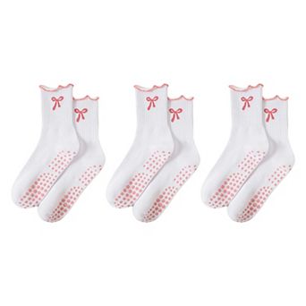 3 pc Set Ribbed Crew Socks with Bow Embroidery Scalloped Cuff and Non Slip Grip Sole