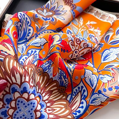 Floral Satin Square Scarf Lightweight Soft Feel with Decorative Border