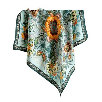 Floral Satin Square Scarf Lightweight Soft Feel with Decorative Border