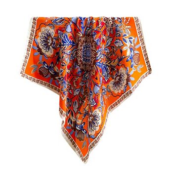 Floral Satin Square Scarf Lightweight Soft Feel with Decorative Border