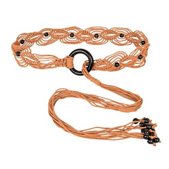 Womens Casual Braided Rope Belt with Wooden Ring