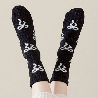 3-Pair Women's Soft Knit Crew Socks with Allover Bow Pattern Stretch Fabric Cozy Comfort Set