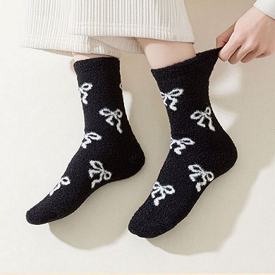 3-Pair Women's Soft Knit Crew Socks with Allover Bow Pattern Stretch Fabric Cozy Comfort Set