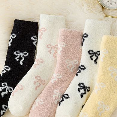3-Pair Women's Soft Knit Crew Socks with Allover Bow Pattern Stretch Fabric Cozy Comfort Set