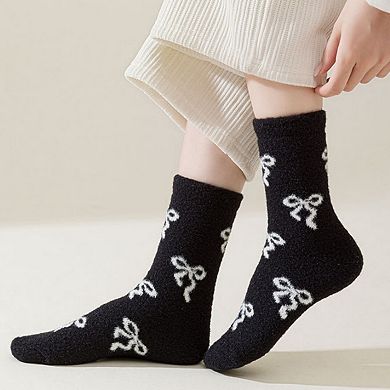 3-Pair Women's Soft Knit Crew Socks with Allover Bow Pattern Stretch Fabric Cozy Comfort Set