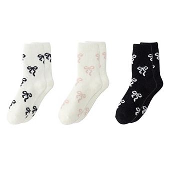 3-Pair Women's Soft Knit Crew Socks with Allover Bow Pattern Stretch Fabric Cozy Comfort Set