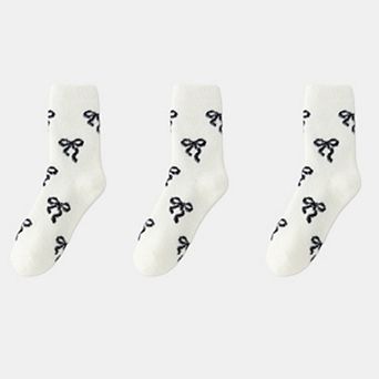 3-Pair Women's Soft Knit Crew Socks with Allover Bow Pattern Stretch Fabric Cozy Comfort Set