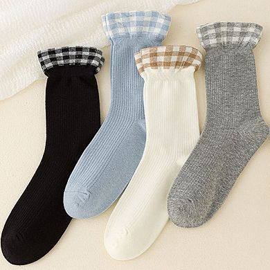 4-Pair Women's Ribbed Crew Socks with Gingham Foldover Cuff Soft Stretch Everyday Gift Set