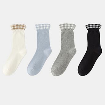 4-Pair Women's Ribbed Crew Socks with Gingham Foldover Cuff Soft Stretch Everyday Gift Set