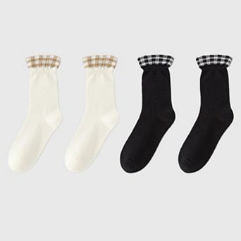 4-Pair Women's Ribbed Crew Socks with Gingham Foldover Cuff Soft Stretch Everyday Gift Set