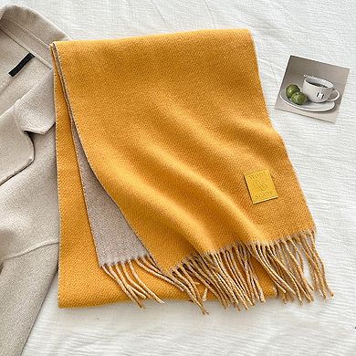 Womens Reversible Two Tone Warm Scarf with Fringe Trim