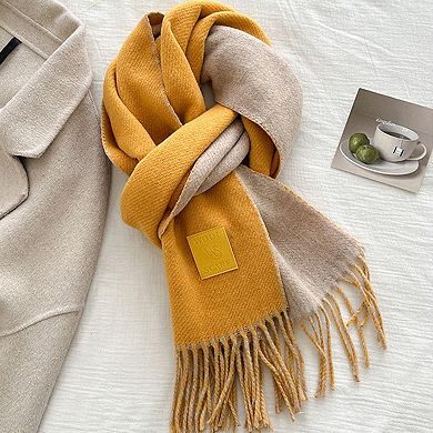 Womens Reversible Two Tone Warm Scarf with Fringe Trim