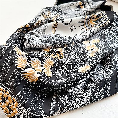 Womens Satin Square Scarf with Vintage Floral Print