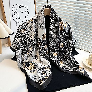 Womens Satin Square Scarf with Vintage Floral Print