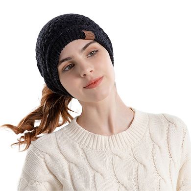 Womens Knit Beanie Hat with Ponytail Opening Soft Slouchy Winter Cap
