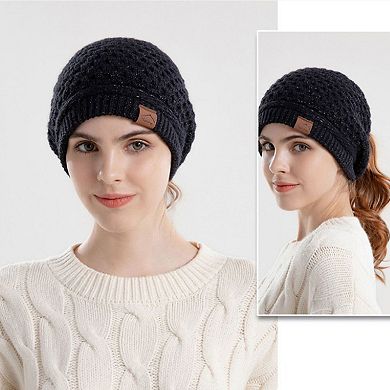 Womens Knit Beanie Hat with Ponytail Opening Soft Slouchy Winter Cap