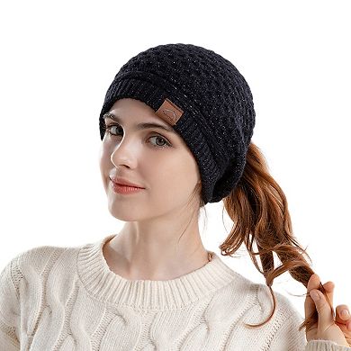 Womens Knit Beanie Hat with Ponytail Opening Soft Slouchy Winter Cap