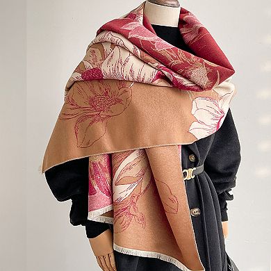 Womens Reversible Jacquard Knit Warm Scarf with Floral Pattern