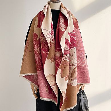 Womens Reversible Jacquard Knit Warm Scarf with Floral Pattern