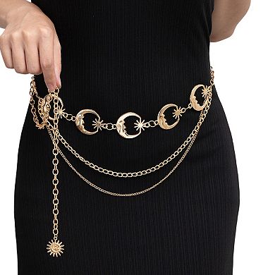 Womens Celestial Moon and Sun Charm Metal Waist Chain Belt