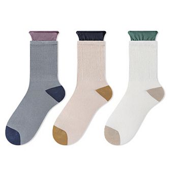 3-Pair Women's Ribbed Crew Socks with Contrast Heel Toe Accents Everyday Comfort Gift Set