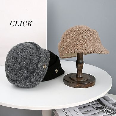Women’s Knit Cloche Hat with Structured Brim and Decorative Metal Accent