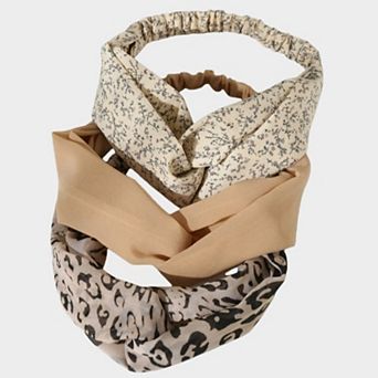 3 pc Twisted Fabric Headband Set with Elastic Back and Mixed Patterned Designs