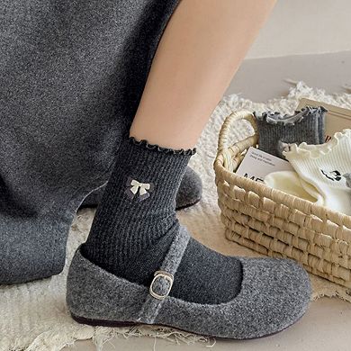 3-Pair Women's Soft Ribbed Ankle Socks with Lettuce Edge Trim and Bow Accent Set US(5-10)