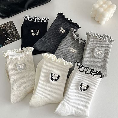 3-Pair Women's Soft Ribbed Ankle Socks with Lettuce Edge Trim and Bow Accent Set US(5-10)