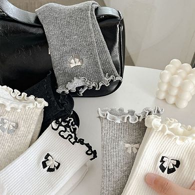 3-Pair Women's Soft Ribbed Ankle Socks with Lettuce Edge Trim and Bow Accent Set US(5-10)